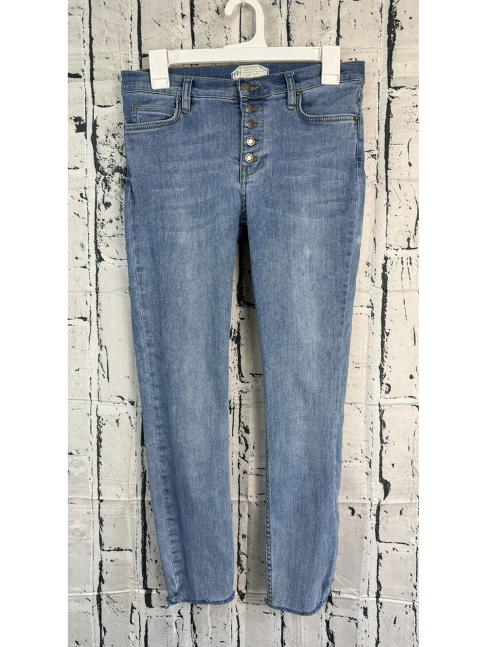 Free People Button Fly Raw Hem Ankle Blue Denim Skinny Jeans Size 28